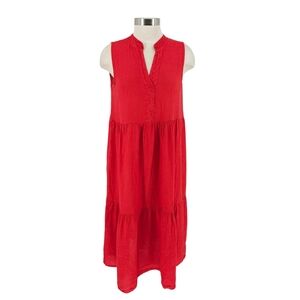 Bellambia Tiered Midi Shift Dress Linen Red Sleeveless V Neck Lightweight Medium